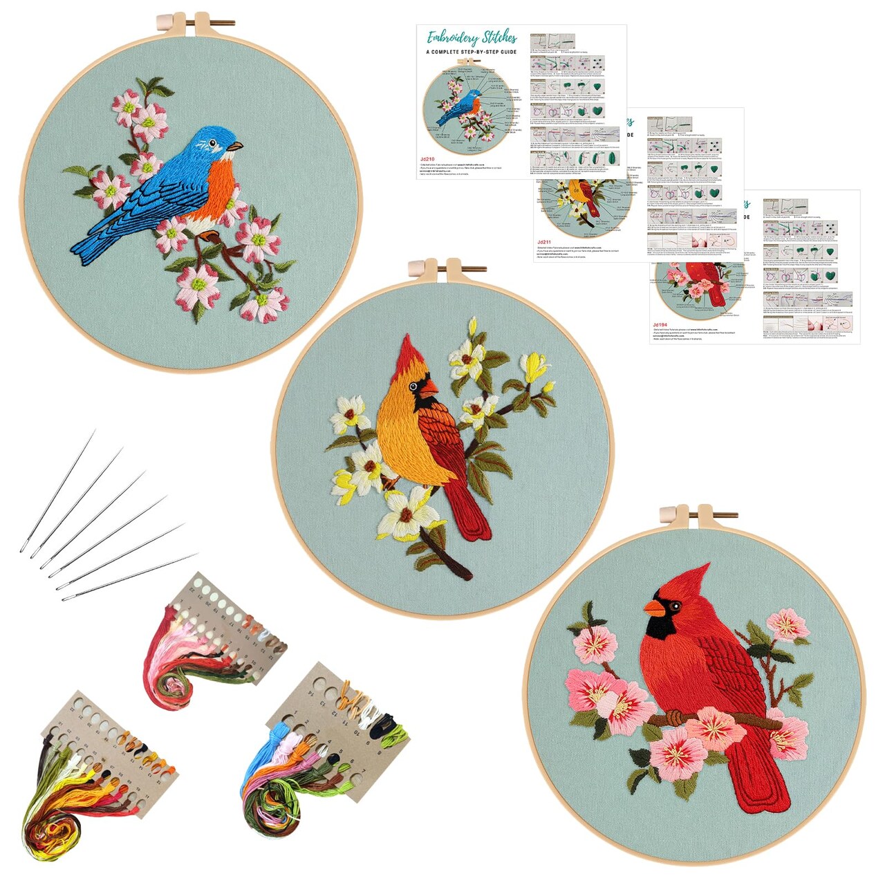 3 Sets Bird Embroidery Kits for Beginners,Adults Starter Flower Pattern Cross Stitch Kit DIY Needlepoint Kits with Embroidery Instructions